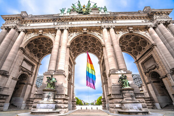 Brussels , Belgium. Triumphal Arch in Brussels scenic landmark view, LGBTQ flag