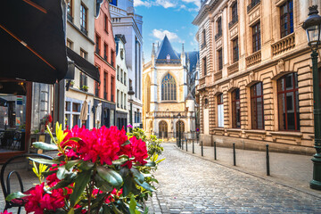 Brussels, Belgium. Old cobbled street in central Brussels view