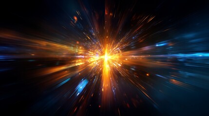 Abstract explosion of light and color, showcasing vibrant orange and blue hues radiating outward in a dynamic burst, creating a sense of energy and movement in a cosmic environment