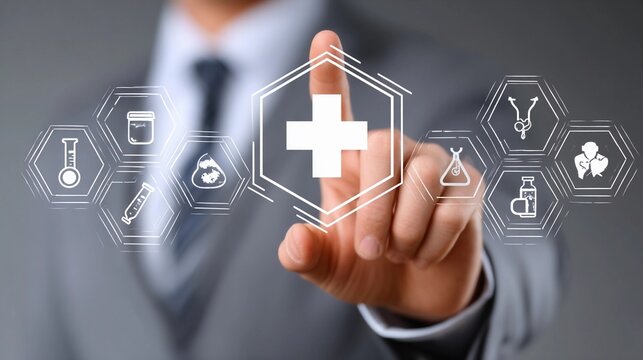 Innovative health technology focus with digital icons and a business professional in suit