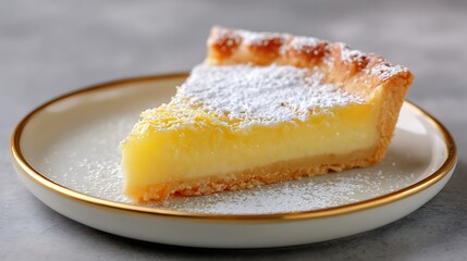 Slice of Lemon Tart with Powdered Sugar on a White Plate
