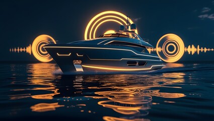 Futuristic Tech Yacht with Soundwave Reflections
