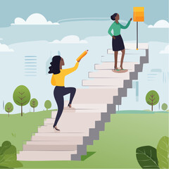 Create stair to success, growth or growing career path, planning for self improvement or leadership motivation, self made success concept, confidence businesswoman draw stair to climb up for succes