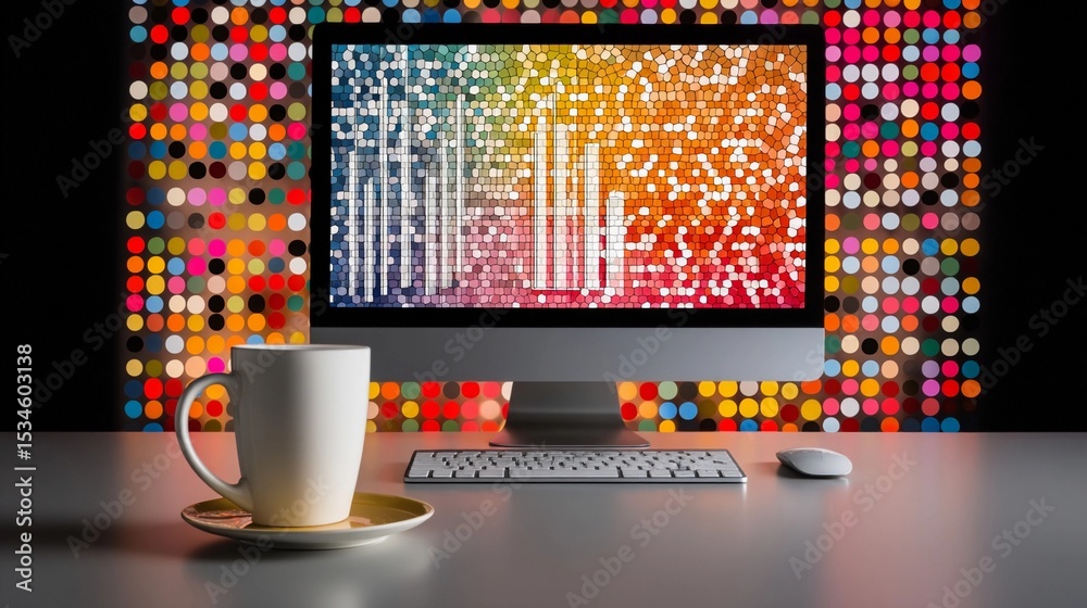 Fototapete creative workspace with colorful screen display and coffee cup in modern setting