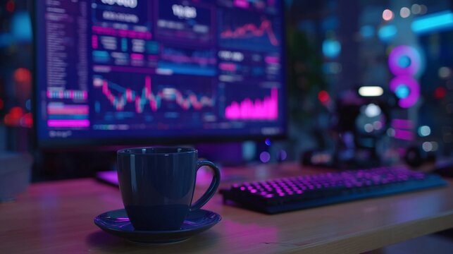 Modern workspace features computer screen displaying stock market data with a coffee cup