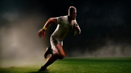 Dynamic rugby player sprinting with intensity on grass field - Powered by Adobe