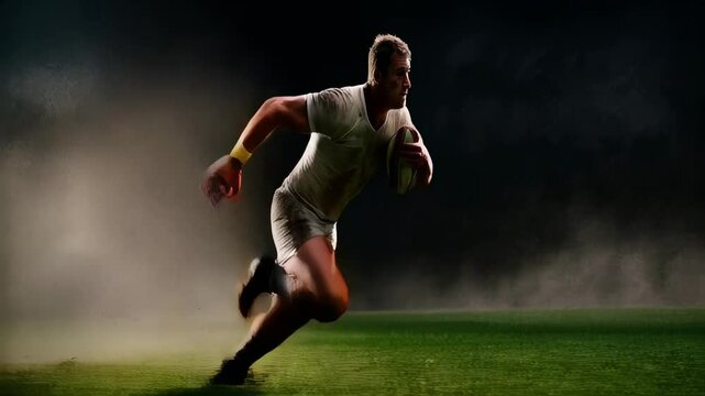 Dynamic rugby player sprinting with intensity on grass field - Powered by Adobe