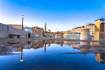 Piran, Slovenia. Scenic town of Piran early evening mirror view