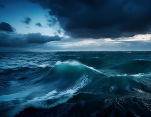 dark teal ocean waves roll under a moody sky at dusk with a sliver of light on the horizon evoking depth solitude and natural power