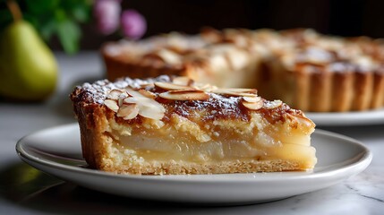 Slice of Almond Pear Tart on a White Plate