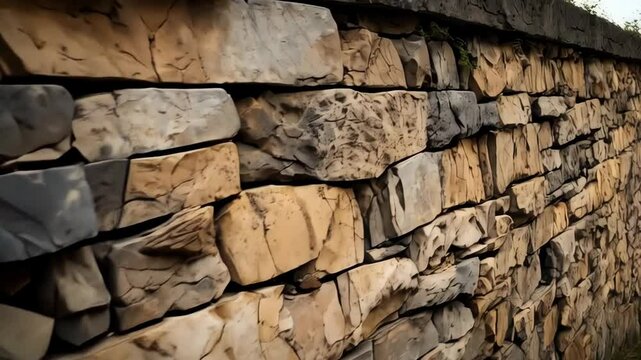 Detailed shot showcasing a meticulously constructed dry stone wall, featuring varied sizes and colors of natural stones in a textured pattern.