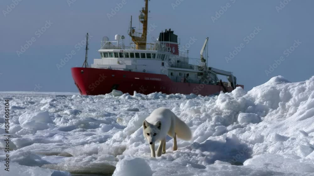 Poster an arctic fox walks on ice in front of a red and white ship in the arctic ocean, in the arctic envir