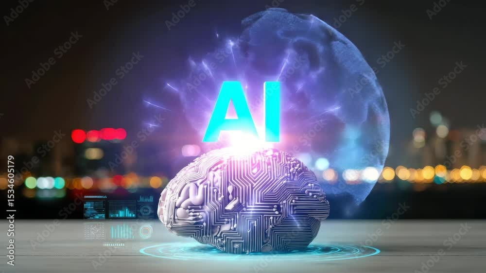 Poster A human brain made of circuit board with text 