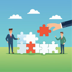 New joiner to fill in team and solve problem, teamwork to get solution, put right man in the right job to fit job description concept, businessman hand HR put new joiner to connect jigsaw puzzl