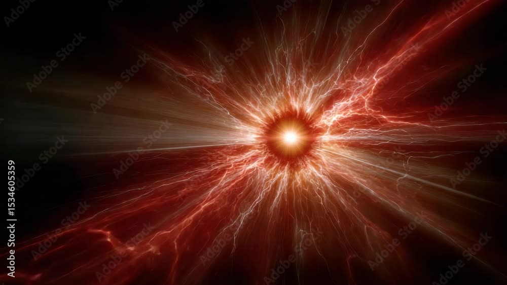 Poster a dynamic explosion of red energy emanating from the center, like an electrical flash or a laser bea