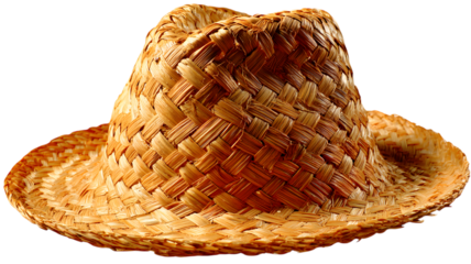 Detailed studio shot of a natural woven straw hat featuring a close up view of texture and craftsmanship against a background