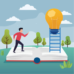 Effective learning new knowledge lead to success, wisdom or idea creativity, literature or inspiration, opportunity advice concept, young man running on opening book with stair up to lightbulb ide