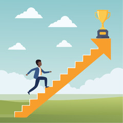 Step to success, improvement, challenge or career growth development, leadership progress, career path direction or stairway to win business concept, businessman walk up arrow stair for victor