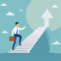 Step to success, improvement, challenge or career growth development, leadership progress, career path direction or stairway to win business concept, businessman walk up arrow stair for victor