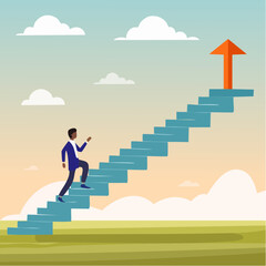 Step to success, improvement, challenge or career growth development, leadership progress, career path direction or stairway to win business concept, businessman walk up arrow stair for victor