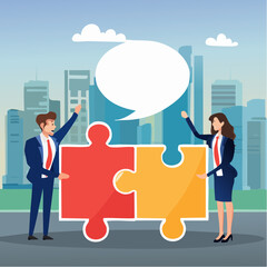 Communicate solution to solve problem, agreement, teamwork or cooperation, conversation message, meeting or discussion concept, business people communicate with connected jigsaw puzzle speech bubbl