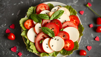 Romantic Italian caprese salad for a Valentine's Day celebration, papercraft. isolated with white highlights