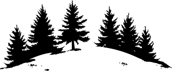 silhouette of pine trees on snowy hill