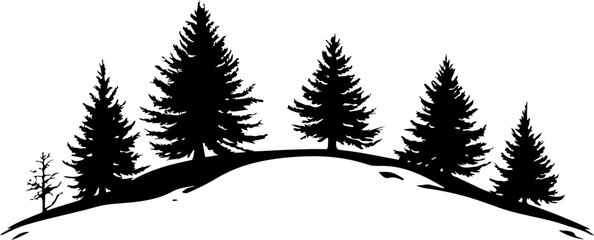 silhouette of pine trees on snowy hill