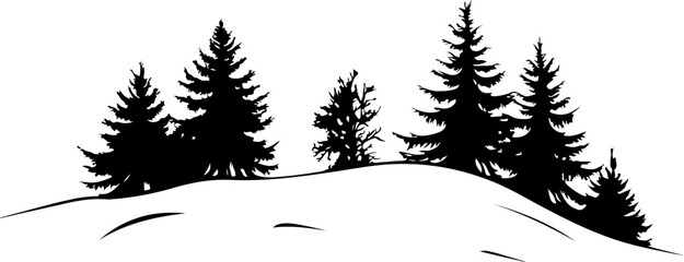 silhouette of pine trees on snowy hill