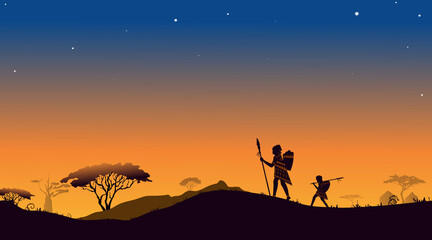 at dawn in africa parent and his child overcome savannah. hunter father mother and his child with a...