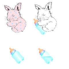 pink and white fluffy bunny fell asleep after eating hugging baby milk bottle