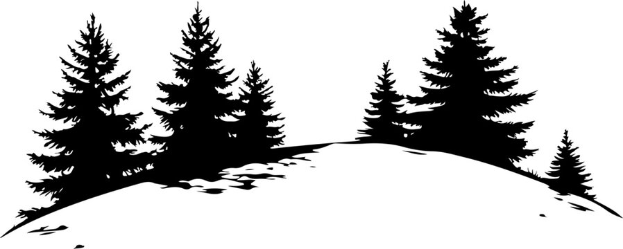 silhouette of pine trees on snowy hill