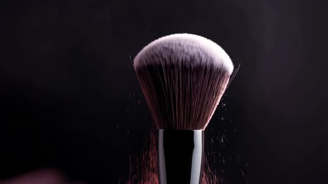 Cosmetic brush releasing a cloud of pink powder on dark background, closeup. Makeup tool, beauty and glamour concept.