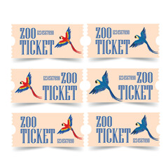 Vector ticket with blue and red Arara. Vector zoo ticket. Ticket with a bird for zoo 