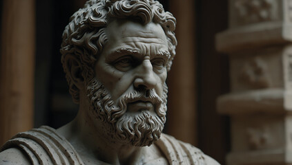 Classical Bronze Statue of a Bearded Man Against a Dark Background