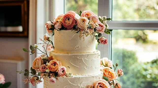A three-tiered wedding cake decorated with soft pink and white roses. The cake is elegantly placed near a window with natural light illuminating the scene.