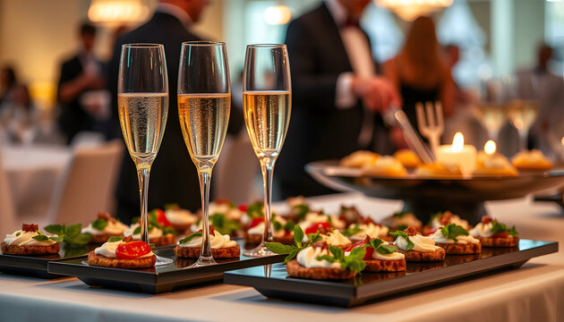 elegant champagne flutes and gourmet hors d'oeuvres arranged beautifully on a table at a lavish wedding celebration. upscale catering for special occasions. premium event dining and beverage service