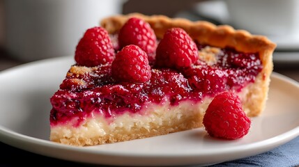 Slice of Raspberry Tart with Fresh Berries on Top