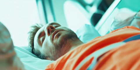 A man is peacefully resting in a hospital bed situated in a healthcare environment