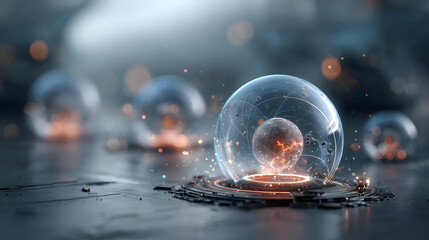 Naklejka premium Futuristic quantum processor emitting floating glowing spheres of energy, 3D high-detail sci-fi scene with light rays and spark particles