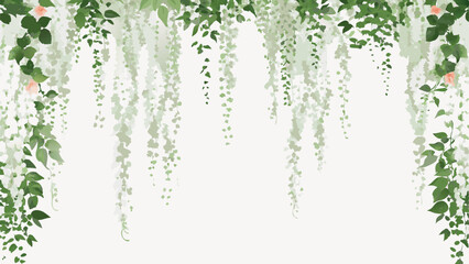 Cascading white wisteria and green foliage with pink flowers hanging from above on a light background