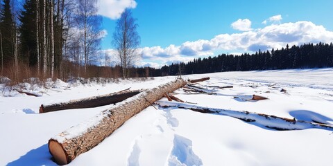 A beautiful winter landscape showcases snowcovered logs near a serene, frozen lake