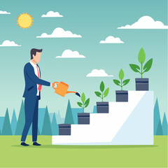 Growth step or career path, job improvement stair or growing investment or stair to success, mentorship concept, businessman watering seedling plant growing up as stair to climb to reach succes