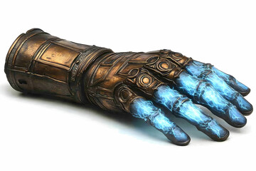 Metallic gauntlet with bright blue energy surging through the fingers resting on a plain white background