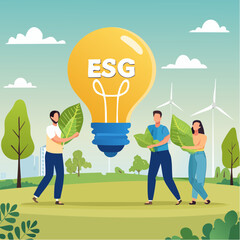 Sustainability, ESG, eco environment friendly or clean energy solution, green renewable power, reuse or recycle ecosystem, green corporate concept, people employees carry ESG, sustainable lightbul