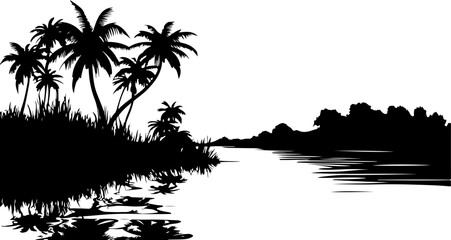 silhouette of tropical landscape with palm trees