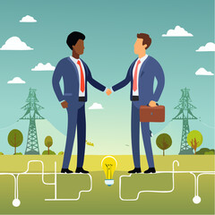Business connection, teamwork collaboration, join force or agreement for success, partnership communication or customer support concept, businessman partner handshake on connecting electric plu