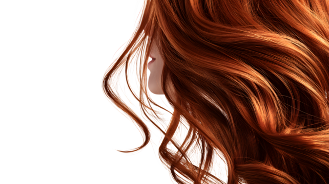 Elegant portrait of a woman with flowing red hair, showing a side profile view of a woman with striking vibrant fiery auburn locks, perfect for beauty and cosmetic concepts