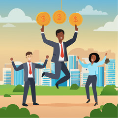 Employee engagement, work satisfaction or happiness, company commitment or employee appreciation, wellbeing or inclusive concept, happy business people employees jump with work engagement element