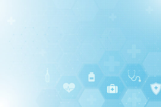 Medical abstract blue background with health symbols like stethoscope, heart, and first aid kit, ideal for healthcare and technology themes.
